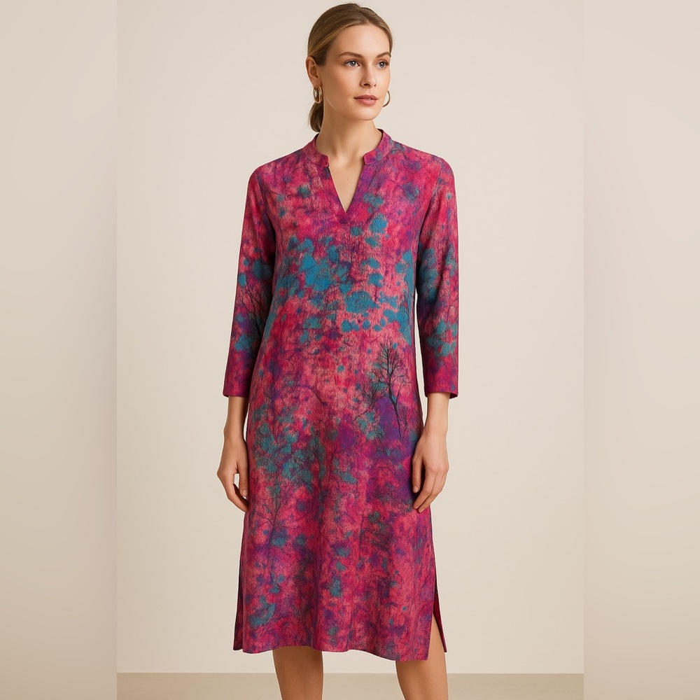 Christina Silk Abstract Tree Print Midi Dress Small
